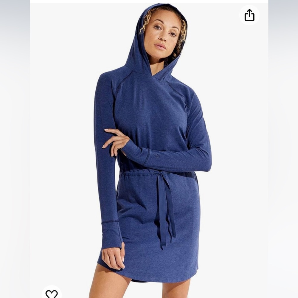 NWT. Coolibar lumaleo hoodie dress in indigo Heather. Thumb holes. UPF50+